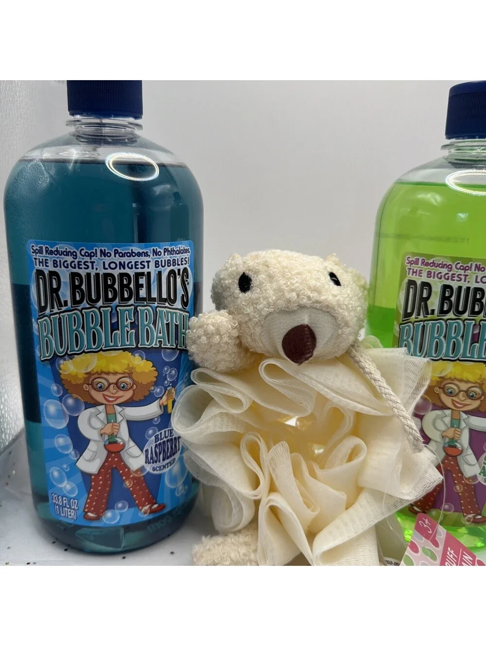 Dr Bubbello’s Bubble Bath 3 Pack 33.8oz Blue Raspberry Gum Apple + Spa Puffs